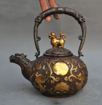 

christmas 7"Old Chinese bronze gilt Guardion Foo dog lion dragon beast Wine TeaPot Flagon halloween