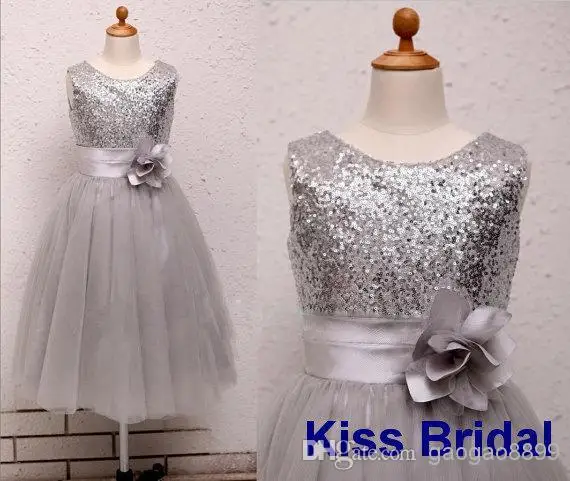silver gray flower girl dresses
