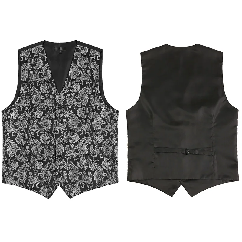 Black 3pcs Men's Party Wedding Paisley Waistcoat Vest Pocket Square Tie Suit Set for Wedding Groom Tuxedo Chalecos Para Hombre