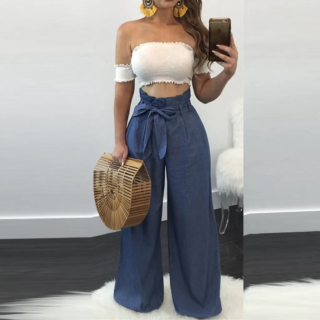 

Feitong Women High Waist Pants Female Pure Color Wide Leg Pants Bandage Trousers Cargo Pants Women Pantalones Mujer Cintura Alta