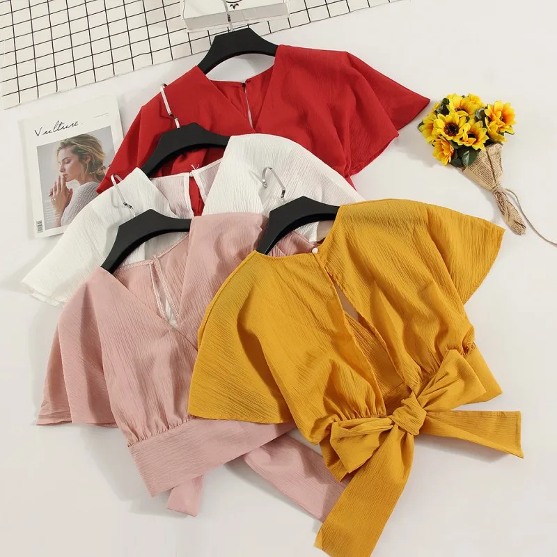 

2018 summer women's sexy deep V-neck back bow chiffon Blouse Casual Regular Sleeves Back hollow Tops Beach shirts