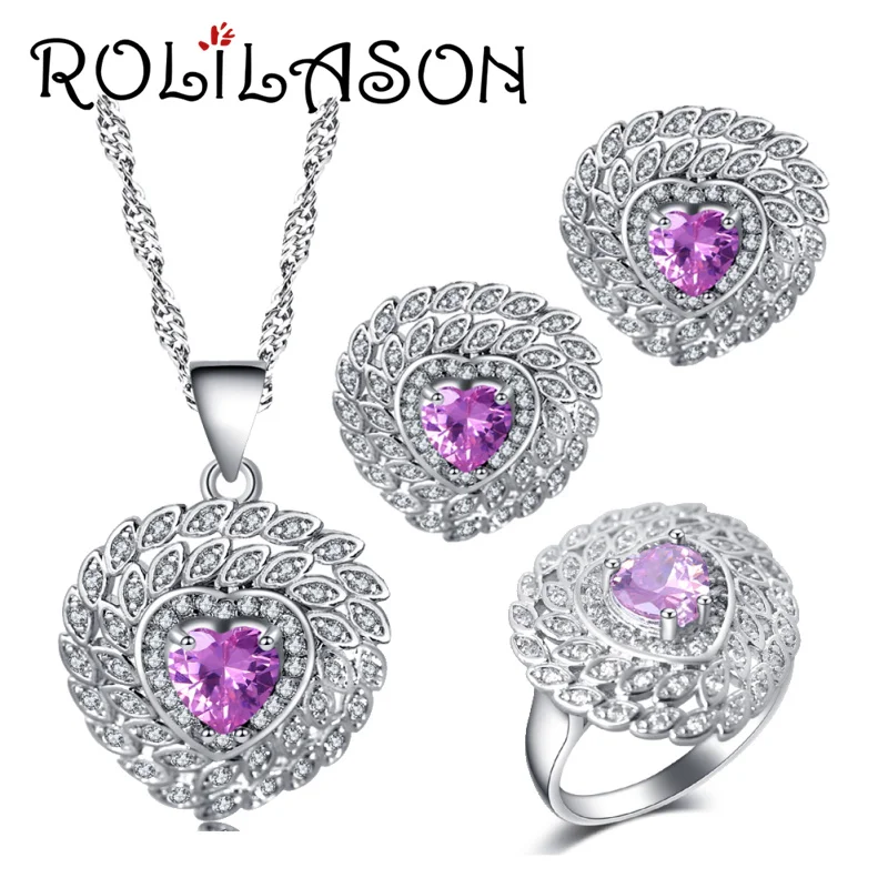 Rolilason сердце-образный дизайн для женщин розового цвета серебряные серьги с цирконием Цепочки и ожерелья кольца, комплекты украшений Размер США с увеличенной полнотой#6,#7,#8,#9,#10 JS726
