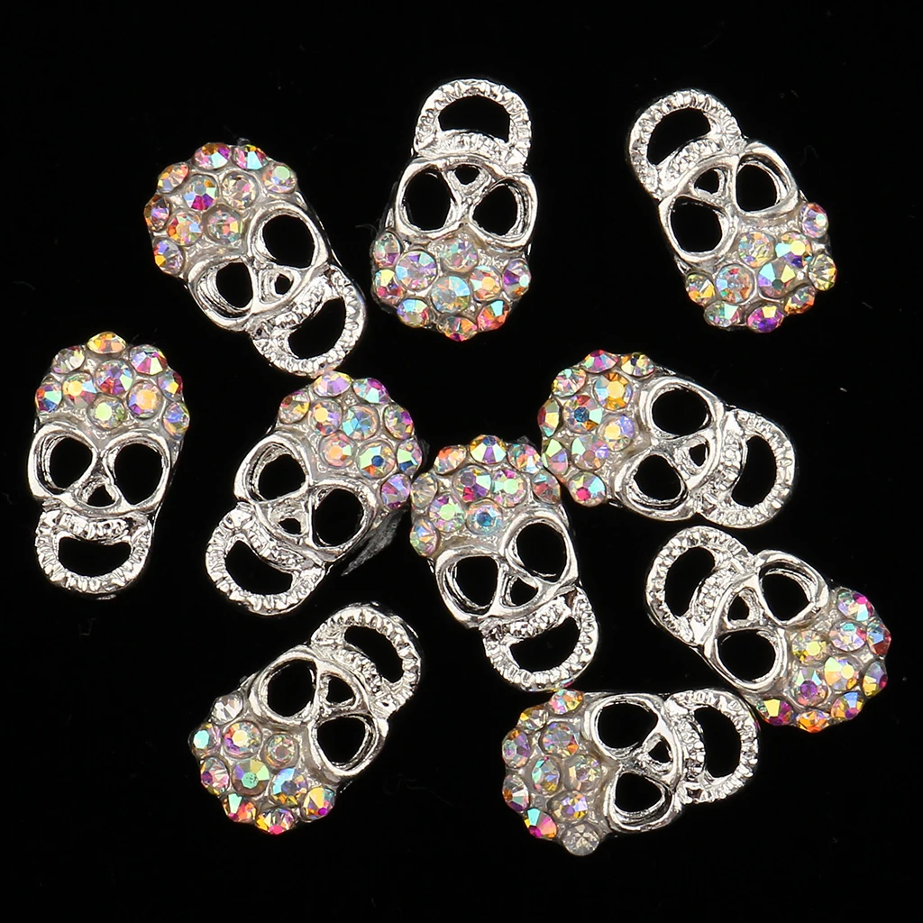 10x Skull Alloy 3D Rhinestone Crystal Nail Tips Stickers Metal Skull Glitter Nail Art Decoration Jewelry