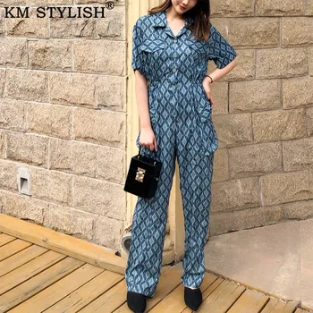 

Fashion Retro Short Sleeve Plaid Jumpsuit Female Summer 2019 New High Waist Wide Leg Chiffon Jumpsuit