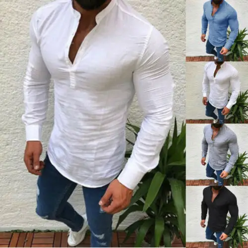 

Fashion Men Linen Soft Long Sleeve Shirts Stand-Neck Slim Fit Summer Beach Casual Tops Blouse Pure Color Clothing