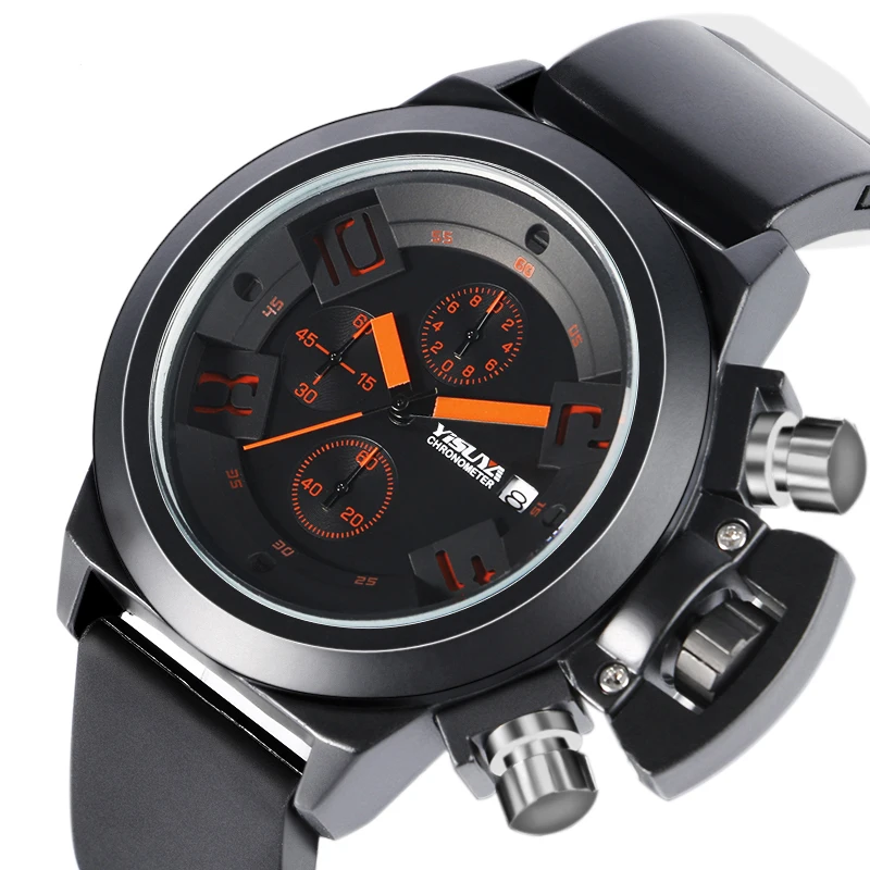 

Mens Quartz Watch Date Day Silicone Band Strap Pin Buckle Calender Chronograph Wrist Watch with 6 Hands