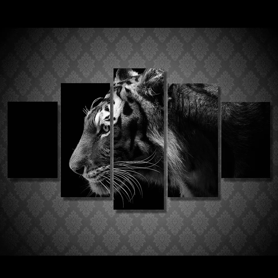 5 Pcs/Set Framed HD Printed Black White Tiger Picture Wall Art Canvas