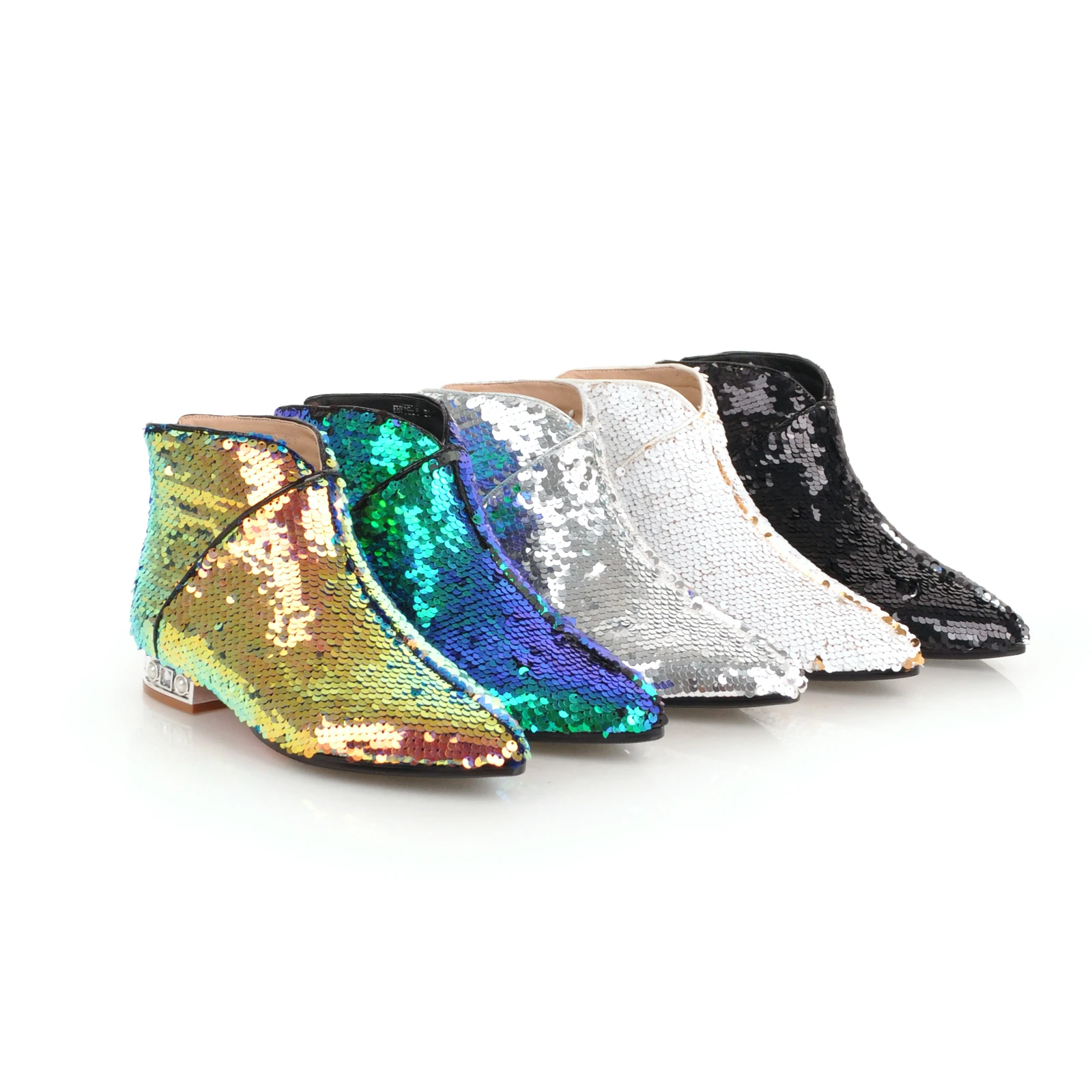 Najtaniej WETKISS zimowe kostki buty damskie Bling Pointed Toe krótkie pluszowe obuwie kryształowe buty damskie niskie obcasy cekiny buty damskie 2020