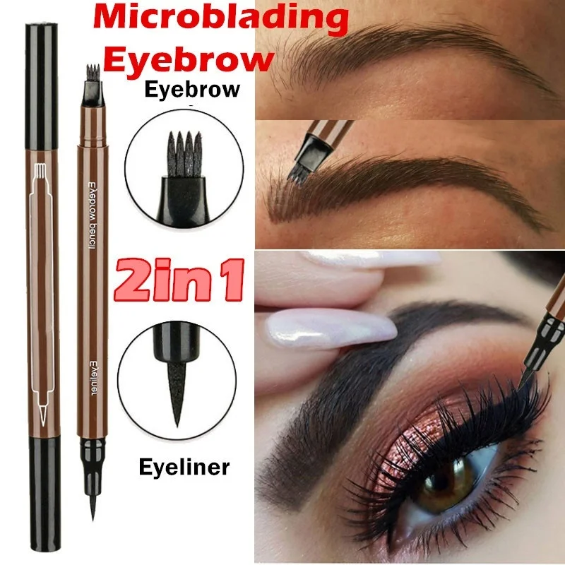 

2 In 1 Liquid 4 Head Eyebrow Pencil Fork Tip Sweat-proof Long Lasting Eyebrow Tattoo Pen Eye Makeup Waterproof Beauty Cosmetic
