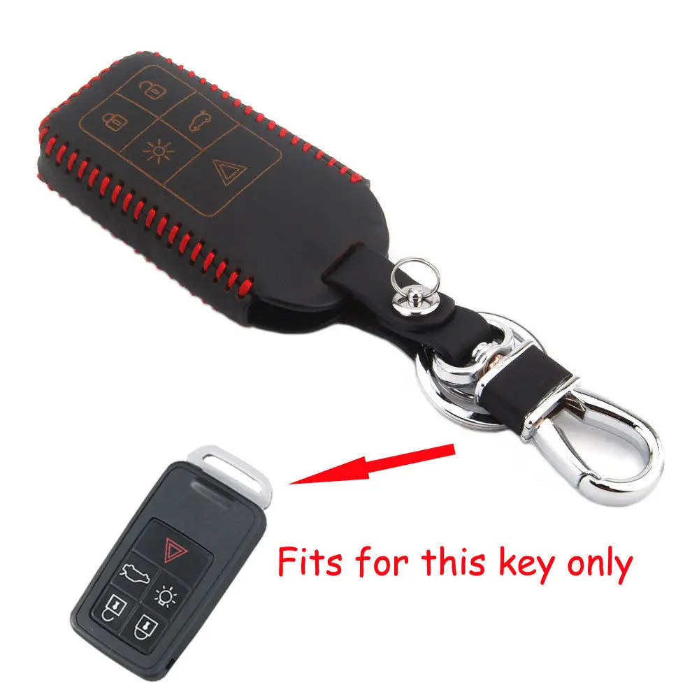 

5 Button Thread Leather Remote Key Case Holder With Keychain Keyring For Volvo XC60 XC70 S60L V40 V60l
