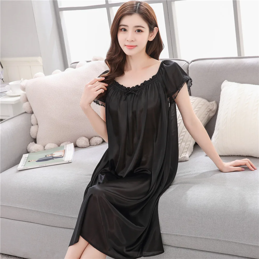 Сексуальная летняя новая женская длинная ночная рубашка большого размера, повседневное домашнее платье с коротким рукавом, одежда для сна, шелковая ночная рубашка, платье для сна