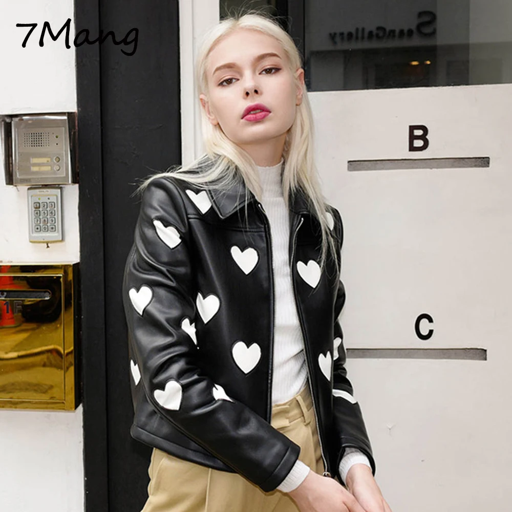 7Mang Women Cute Heart Pu Leather Jacket Street Sweet Turn down Collar Soft Slim Ladies Coat Black Long Sleeve Party Jacket