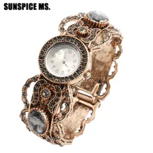 Винтажные круглые часы с серым кристаллом, ювелирные изделия для женщин, античный золотой цвет, Браслет-манжета, марокканская Свадебная бижутерия