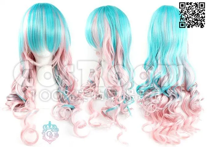 NEW PINK blue LONG curly WOMEN&quotS FULL cosplay WIG +a mesh cap |