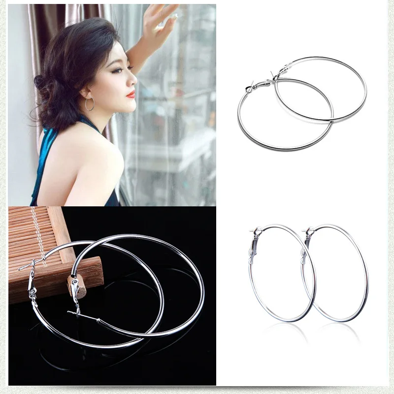 JeeMango Mode Einfache Übertrieben Großen Kreis Hoop Ohrringe Für Frauen Silber Farbe Edelstahl Hochzeit Ohrringe Schmuck