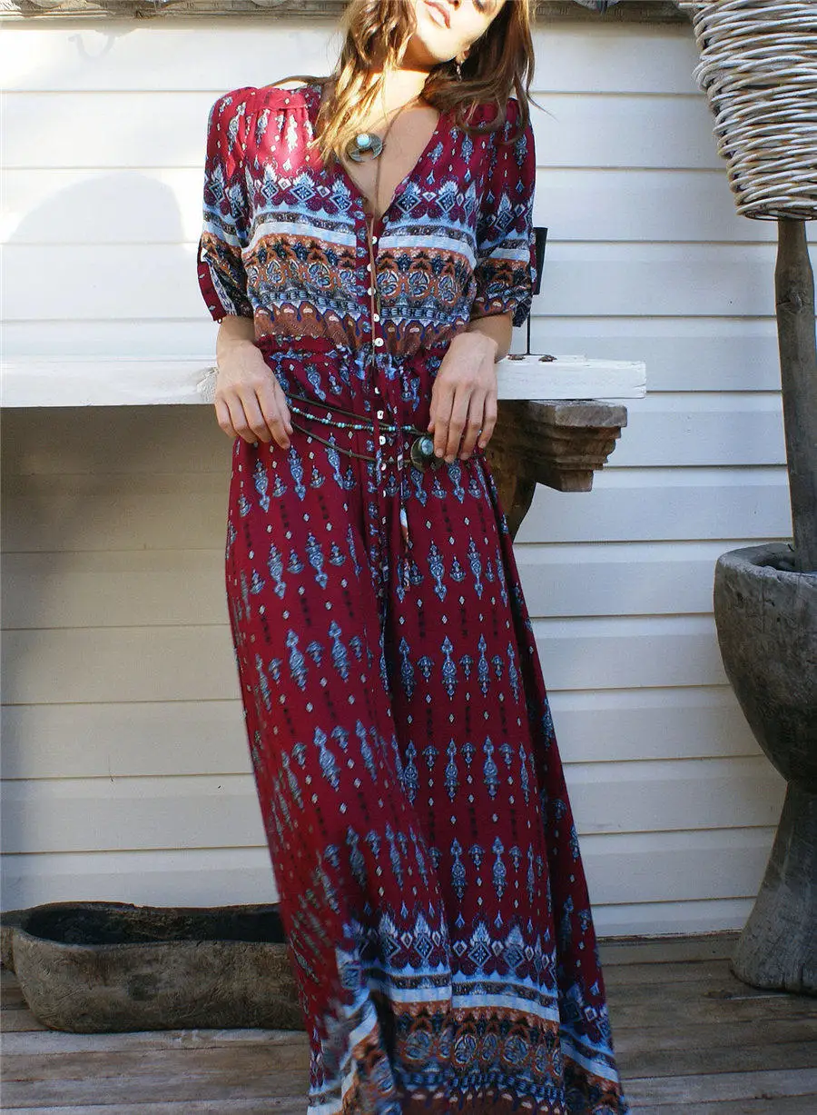 Gladiolus Boho Long Summer Dress Women Half Sleeve V Neck Button Print Floral Women Beach Dress 2019 Ladies Sexy Maxi Dresses (40)