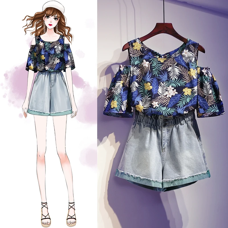 

HAMALIEL 2019 Plus Size Off Shoulder Chiffon Shirt + Denim Summer 2 PCS Set Female Printed Tops And Two Color Tassel Shorts Set