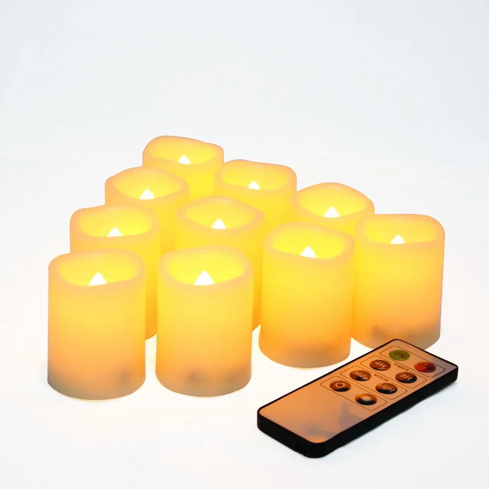 Set of 10 Flameless LED Votive Candles with Remote and Timer Plastic