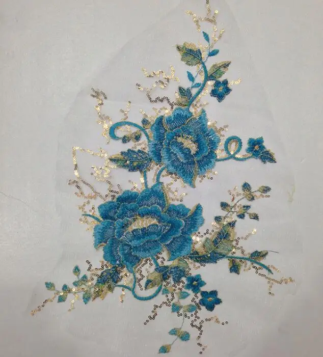 light blue Сетка синий цветок ткань Блёстки вышитые розы ткань паста цветок патч этап национальное платье Qipao DIY Интимные аксессуары Размеры 45x30 см - Цвет: light blue