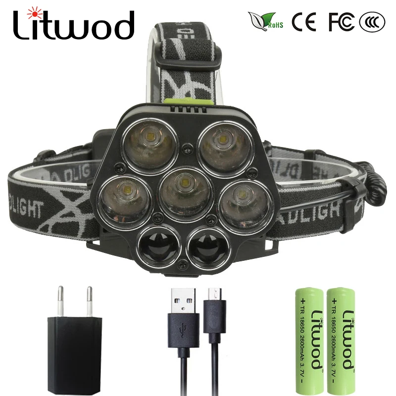 Litwod Z20 2507 светодиодные фары 25000LM фар Micro USB Зарядное устройство 5 * T6 + 2 * Q5 фара Портативный свет факела Фонари с Батарея