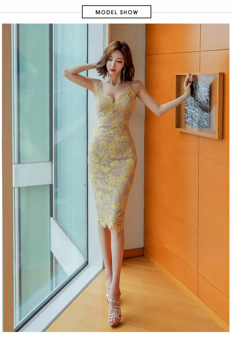 Sexy Embroidered Floral Lace Dresses Women Spaghetti Strap V-neck Bodycon Dresses Office Lady Lace Midi Dress M19071122