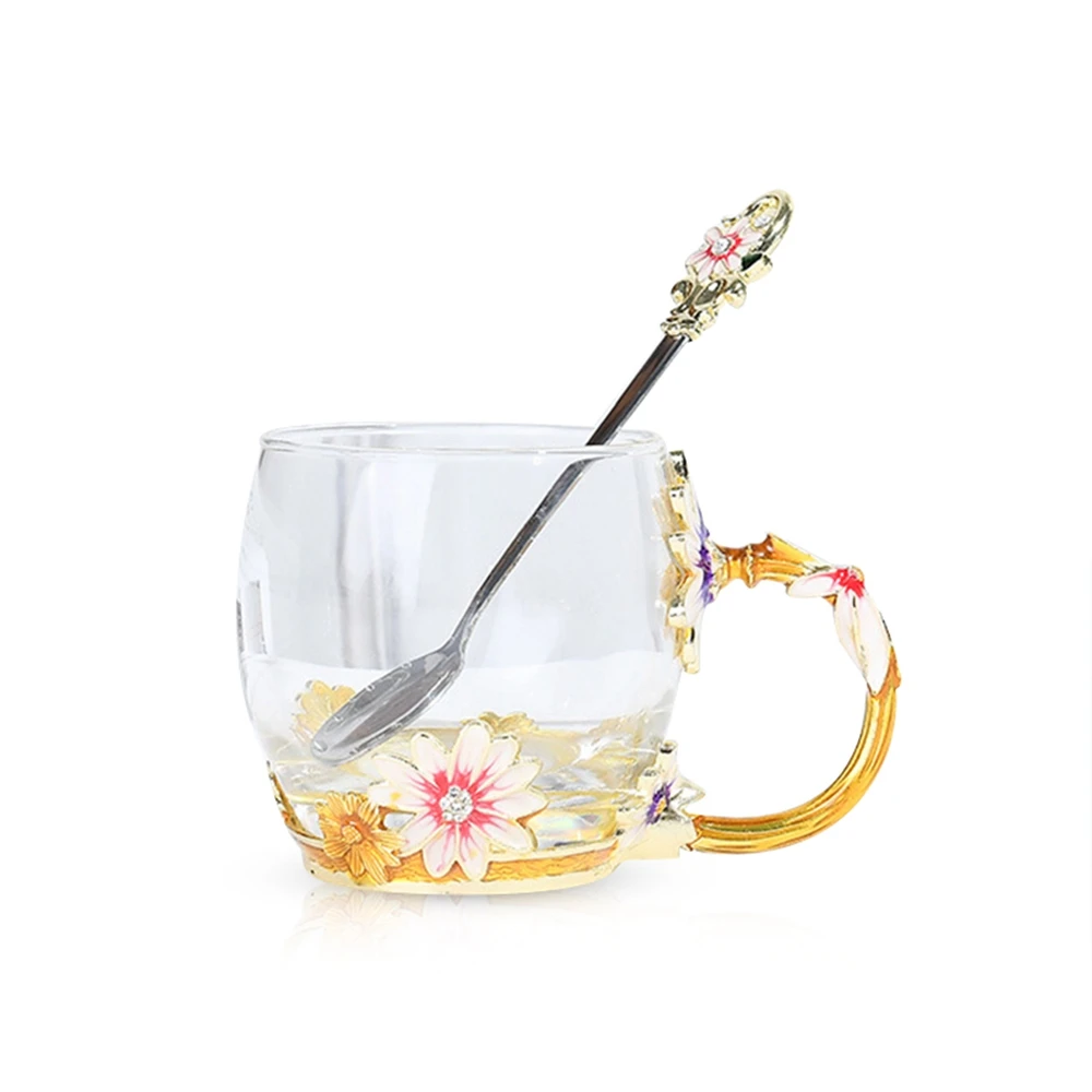 Ромашка Хрустальная стеклянная эмалированная Цветочная чайная чашка кофейная кружка чашка для воды термостойкая посуда для напитков с ложкой украшение дома подарок на день рождения - Цвет: Gold Short