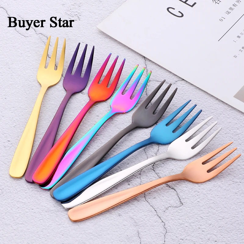 

8Pcs/set 18/8 Stainless Steel Multi-Color Tea Forks Set Mini Cake Dessert Fruits Fork Kitchen Snacks Salad Tools Gold Flatware