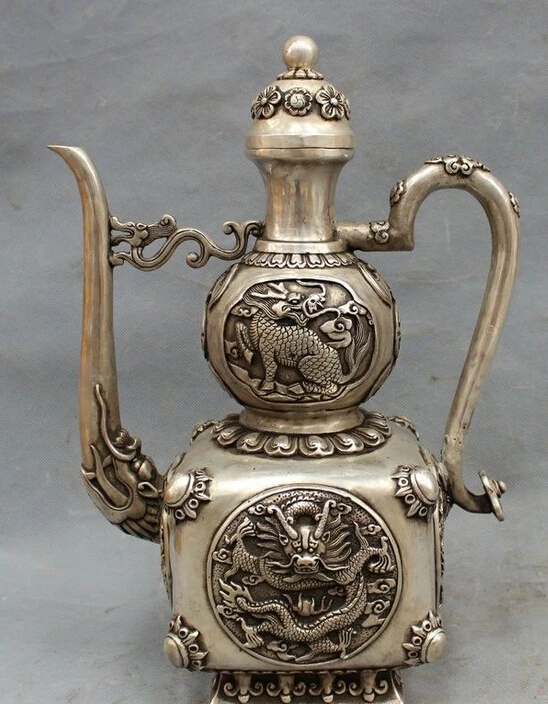 

14" Tibet Silver Buddhism FengShui Dragon Kylin Flower Statue Wine Pot Teapot
