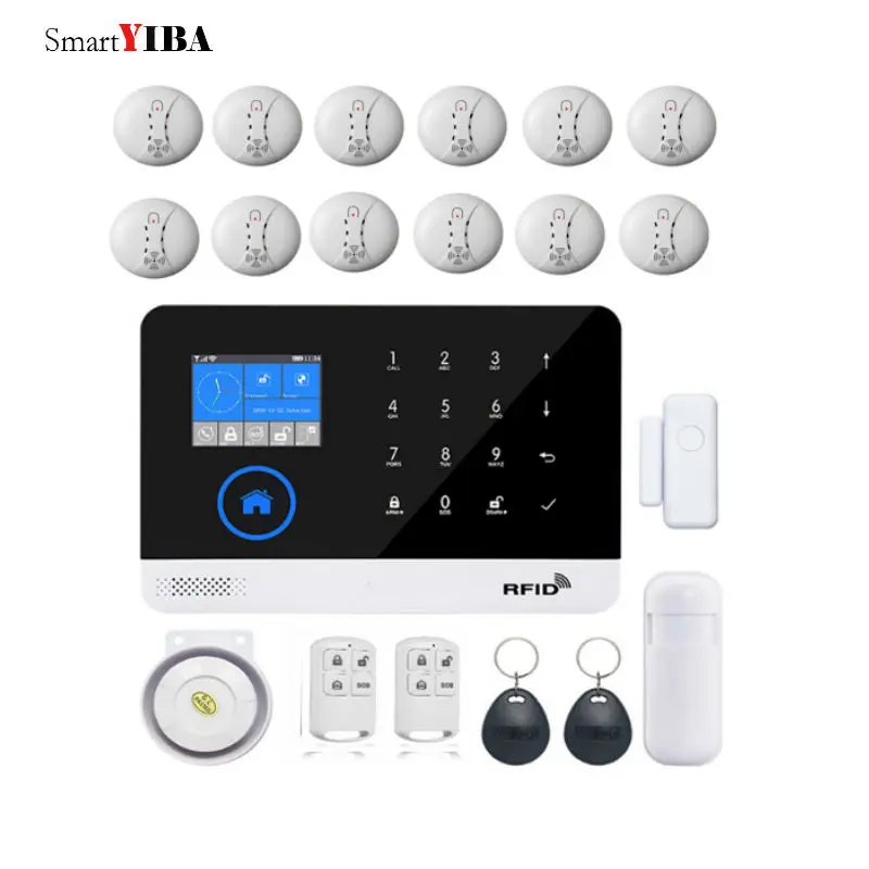  SmartYIBA WIFI GSM Auto Dial Smoke Alarm Sensor Kits 433Mhz Detectors RFID Wireless Alarm APP Contr