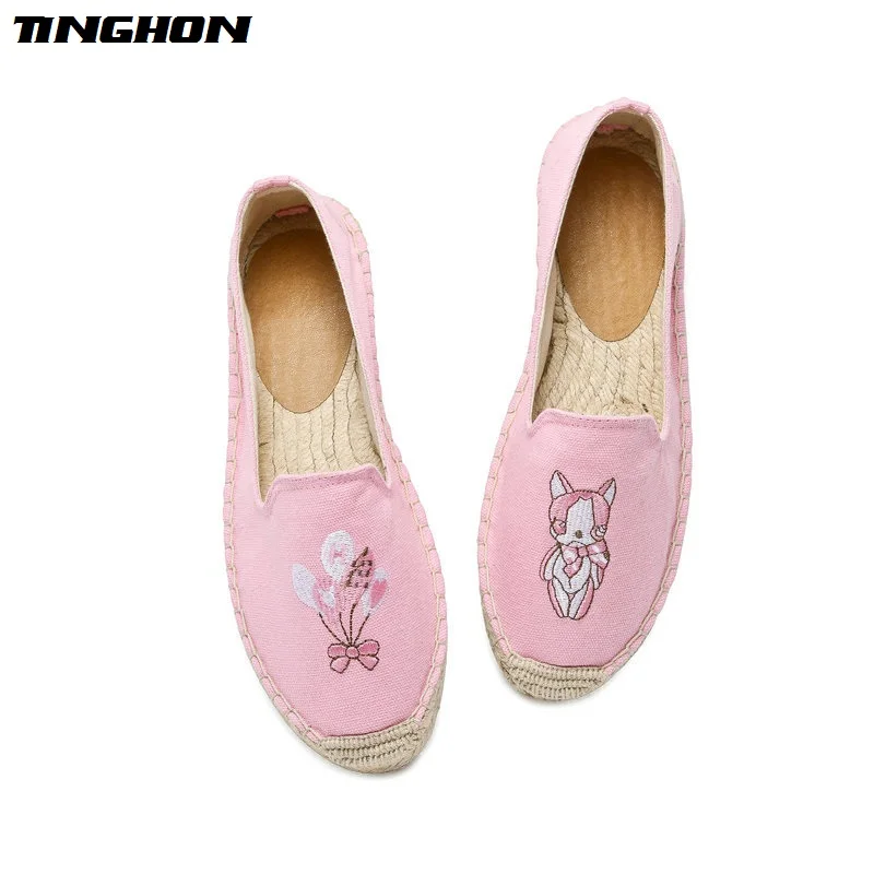 

TINGHON Fashion Women Ladies Espadrille Shoes Canvas Embroidery Pink Balloon rabbit Rome Ankle Strap Hemps Flats Shoes