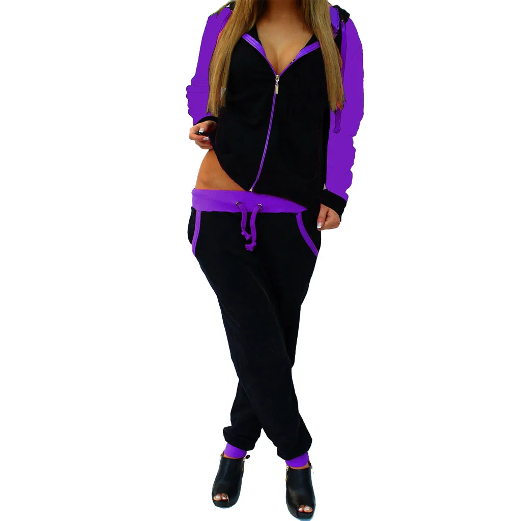 Фиолетовый slim running set Women Gym Clothes Spandex Stripe Zipper Long Sleeve Pullove Sport Tops+Long Pants Set#g3 - Цвет: Фиолетовый