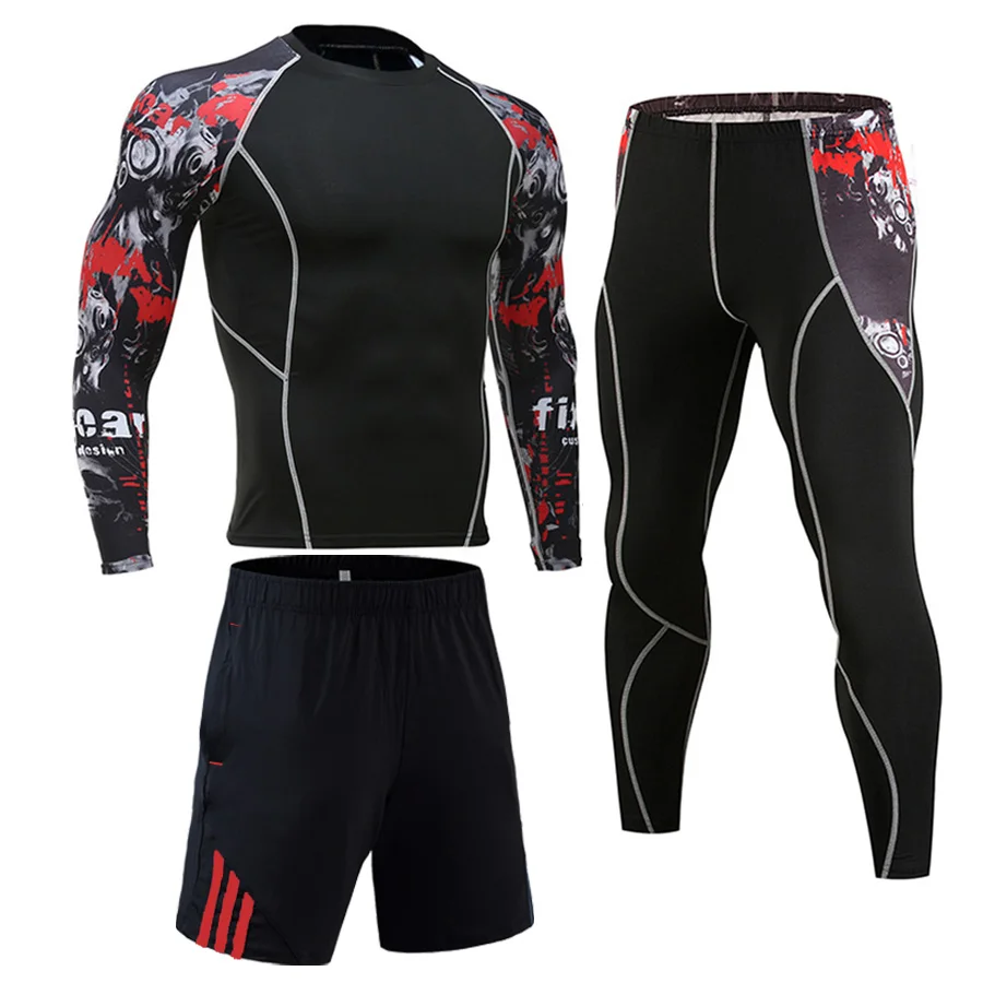 Long sleeve 3 piece Бренд 3 шт./компл. мcжской костюм Рcшгард Мужской комплект компрессионные для ММА одежда мужская футболка с длинными рукавами+ леггинсы 2 шт. спортивный костюм для мужчин - Цвет: Long sleeve 3 piece