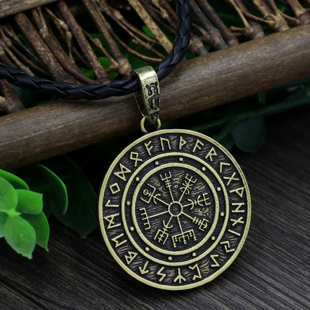 leather2 Символ Одина Рунический амулет Vegvisir компас Северный талисман ожерелье с кулоном, с двойным Боком с подарочной сумкой - Окраска металла: leather2