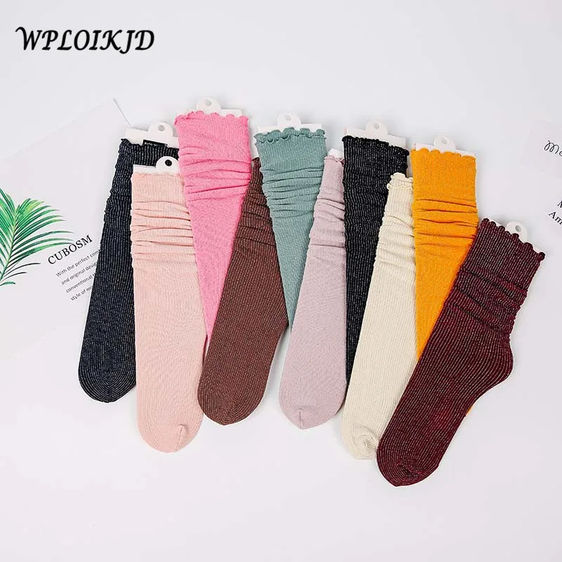 

[WPLOIKJD]College Style Glitter Smiple Candy Color Silicone Elastic Heap Heap Socks Comfort Soft Socks Women Sexy Striped Socks