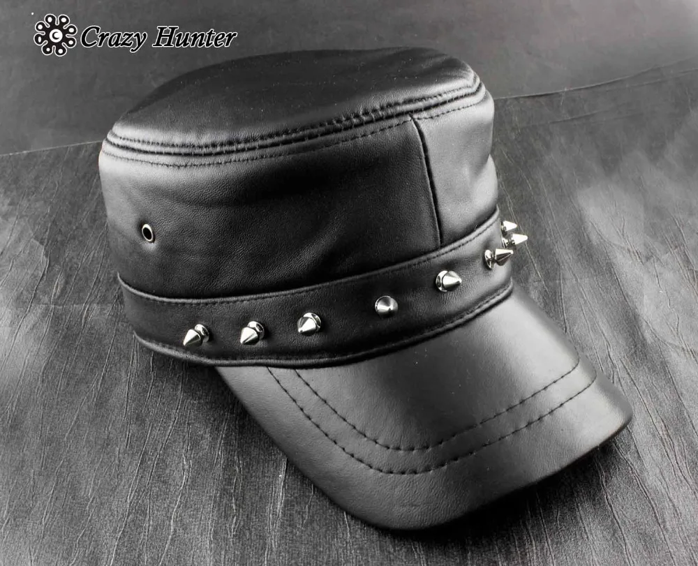 Metal Studded Mens Genuine Leather Motorcycle Biker Trucker Punk Cap