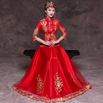 

2020 Red Cheongsam Long Qipao Women Dress Evening Dress Modern Chinese Wedding Dress Bride Traditions Robe Orientale