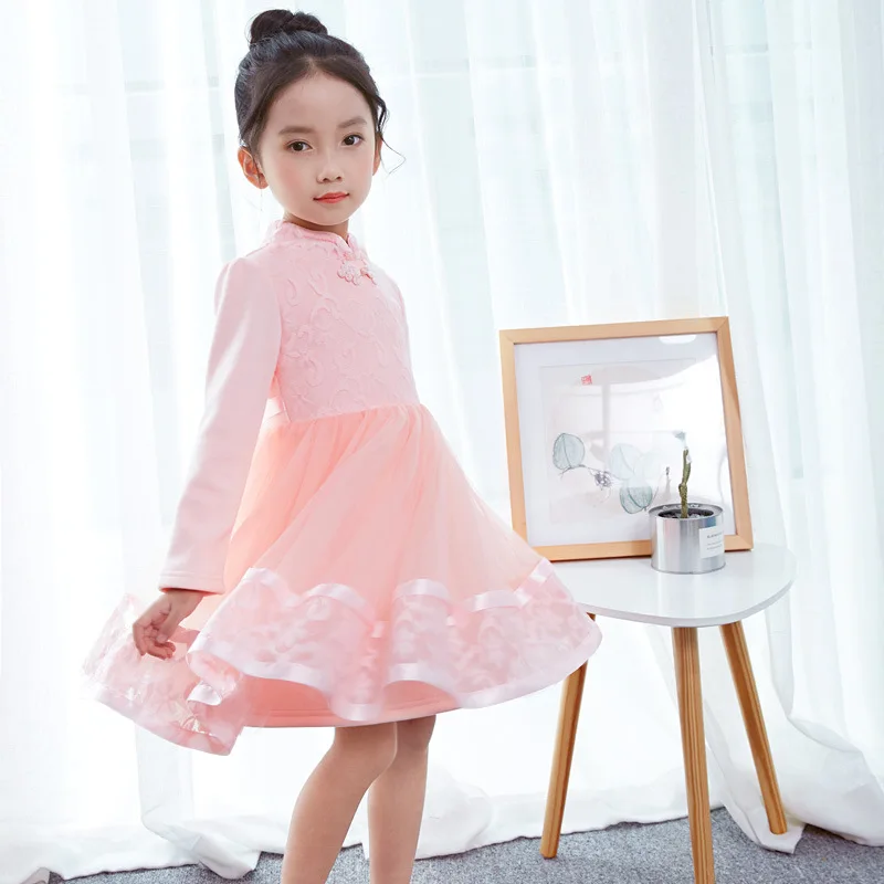 Праздничные платья для девочек от 3 до 12 лет, китайское Кружевное платье-пачка принцессы с вуалью, Tang новогодние костюмы с длинными рукавами, детская одежда