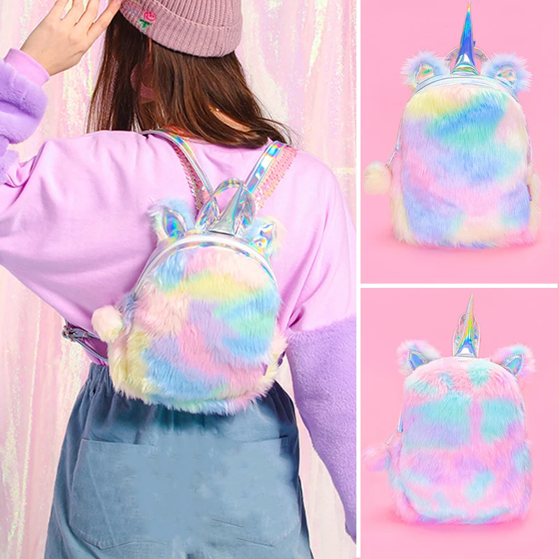 

Mini Unicorn Fashion Backpack Bags Faux Fur Small Bagpacks Hologram Leather Cartoon Teenager Schoolbag