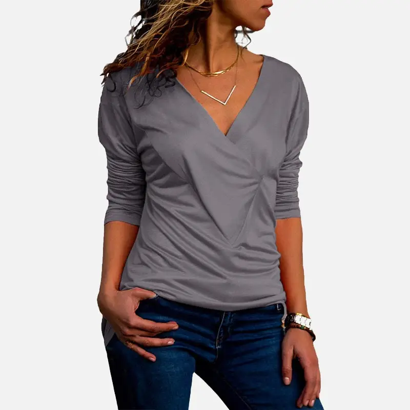 

Women's Shirt Sexy Deep V Neck Solid Plus Size Female Tops Blouses Spring Fashion Casual Slim Simple Pillovers For Ladies