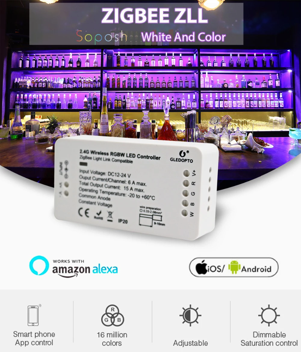 Zigbee контроллер работает с крупными мостами/шлюзами для RGBW/RGBCW DC 12 V светодиодные ленты