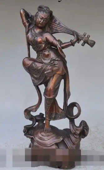 

S01839 9" Folk Chinese Pure Bronze Goddess Belle Beauty Fairy Musician Lute Pipa Statue B0403