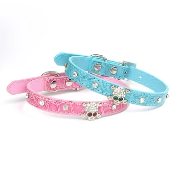 

2pcs PU Leather Dog Collar Rhinestone Puppy Buckle Puppy Pet Collars Perro Led Small Dog Collars With Skull Pet Accessories