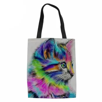 

THIKIN Cat Printed Women Canvas Handbag Shoulder Bag Cartoon Animal Large Capacity Ladies Beach Bag Women Shopping Bag Custom