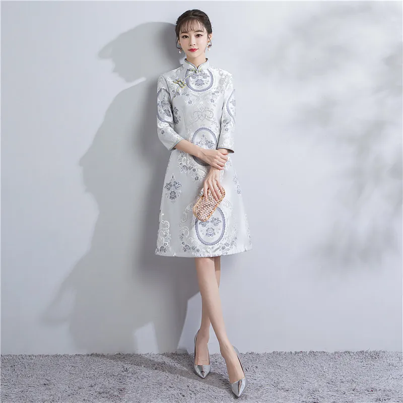 Шанхай история Aodai Стиль платье китайское традиционное платье парча Cheongsam Qipao платье по колено цветочный Винтаж платье