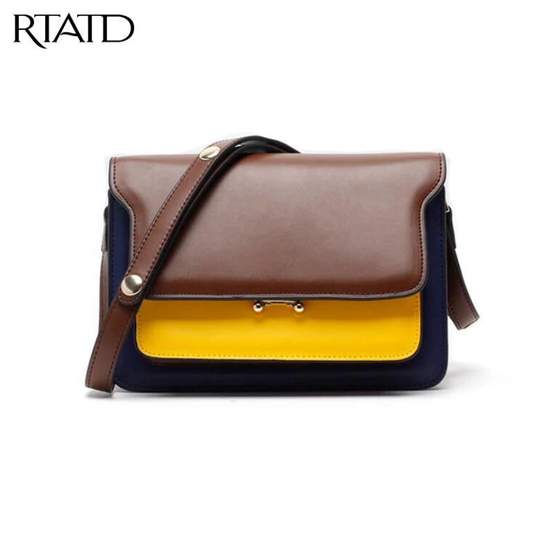 

RTATD New Genuine Leather Women Trunker bags buttons belts bags patchwork lady trendy handbags fashion brand design bags B027