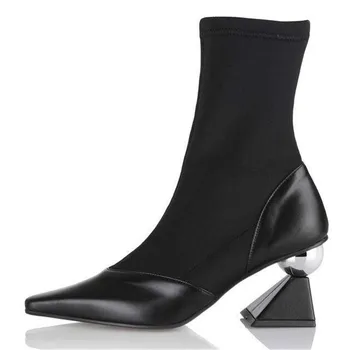 

Leather Pointed Toe Boots Women Silver Ball Strange Mid Heel Botas Mujer Patchwork Botines Mujer 2019 Solid Basic Shoes Women