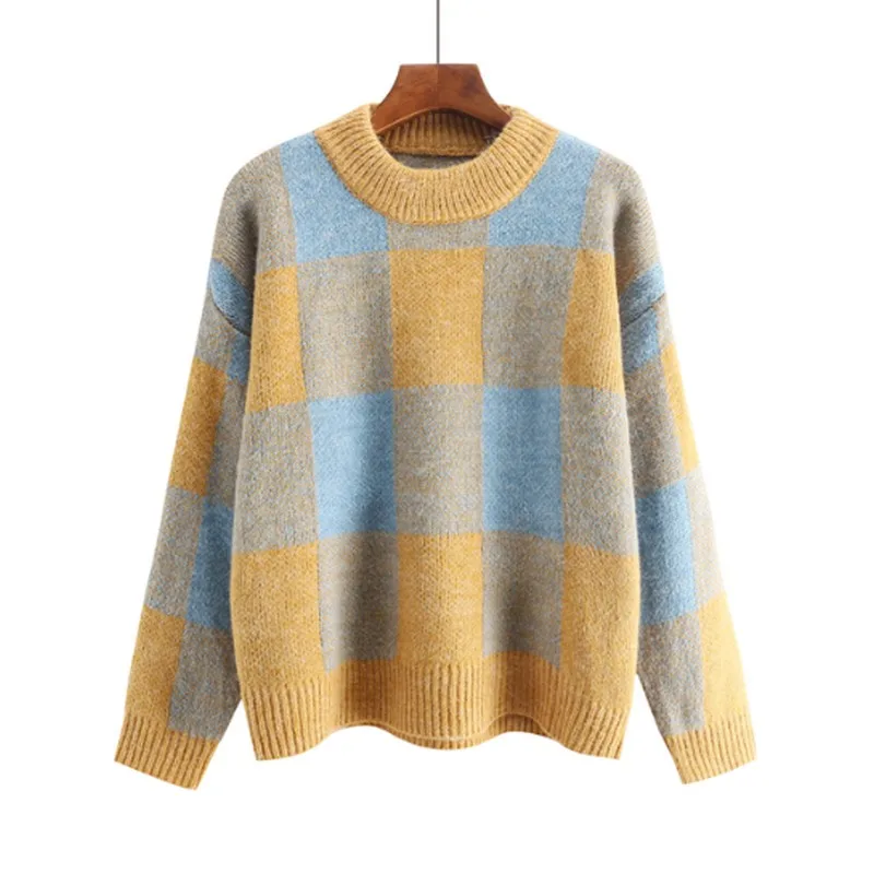 Модный клетчатый женский свитер с круглым вырезом, винтажный корейский свитер с рукавом летучая мышь, свободные удобные пуловеры, свитер для женщин, зима - Цвет: Цвет: желтый