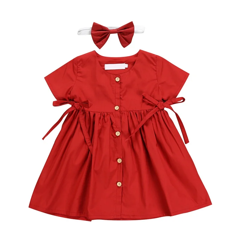 2Pcs Baby Girls Dress Sets Kids Solid Pattern Dresses Casual Short Sleeve Tutu Sundress with Headband | Детская одежда и обувь