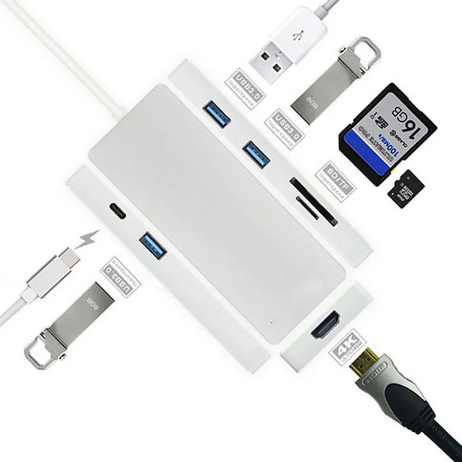 Тип usb-C ЗУ HDMI USB3.0 концентратор SD карты памяти TF (Micro SD) кард-ридер USB-C 4 k * 2 k HDMI конвертер для MacBook Air Pro Chromebook Тип ноутбук тип-c