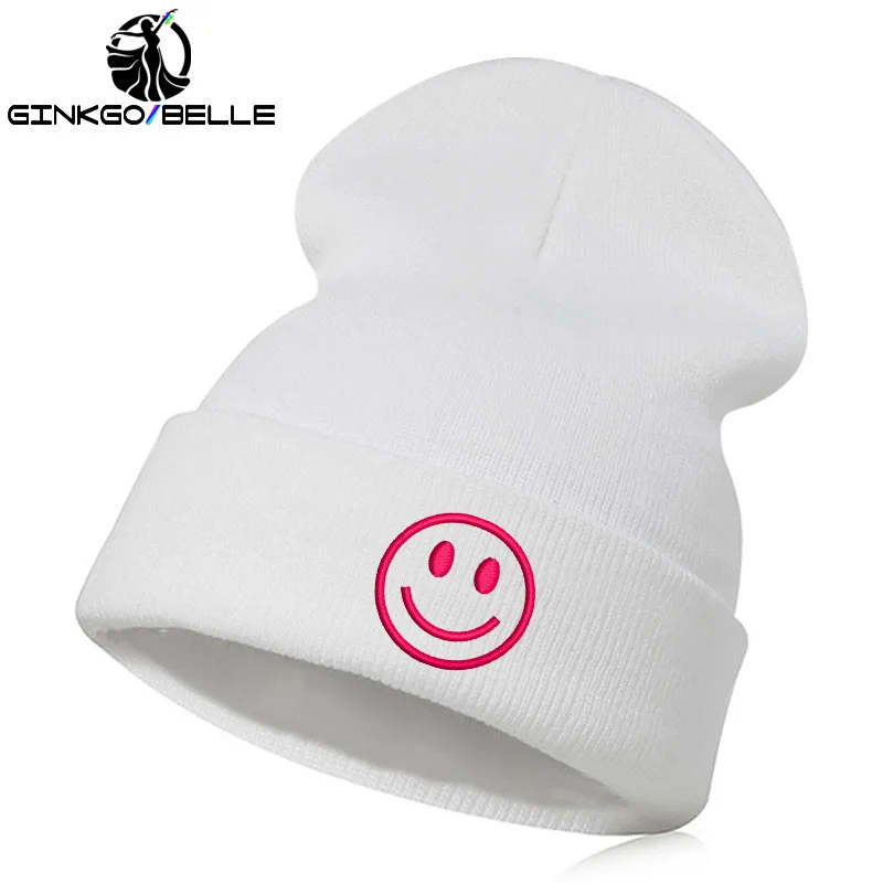 Beanie шляпа Skullie шапка, вязаная шапка-носок Зимняя Вышивка в стиле панк Для мужчин Для женщин личности подростков уличных танцев-улыбка Добрый день настроение